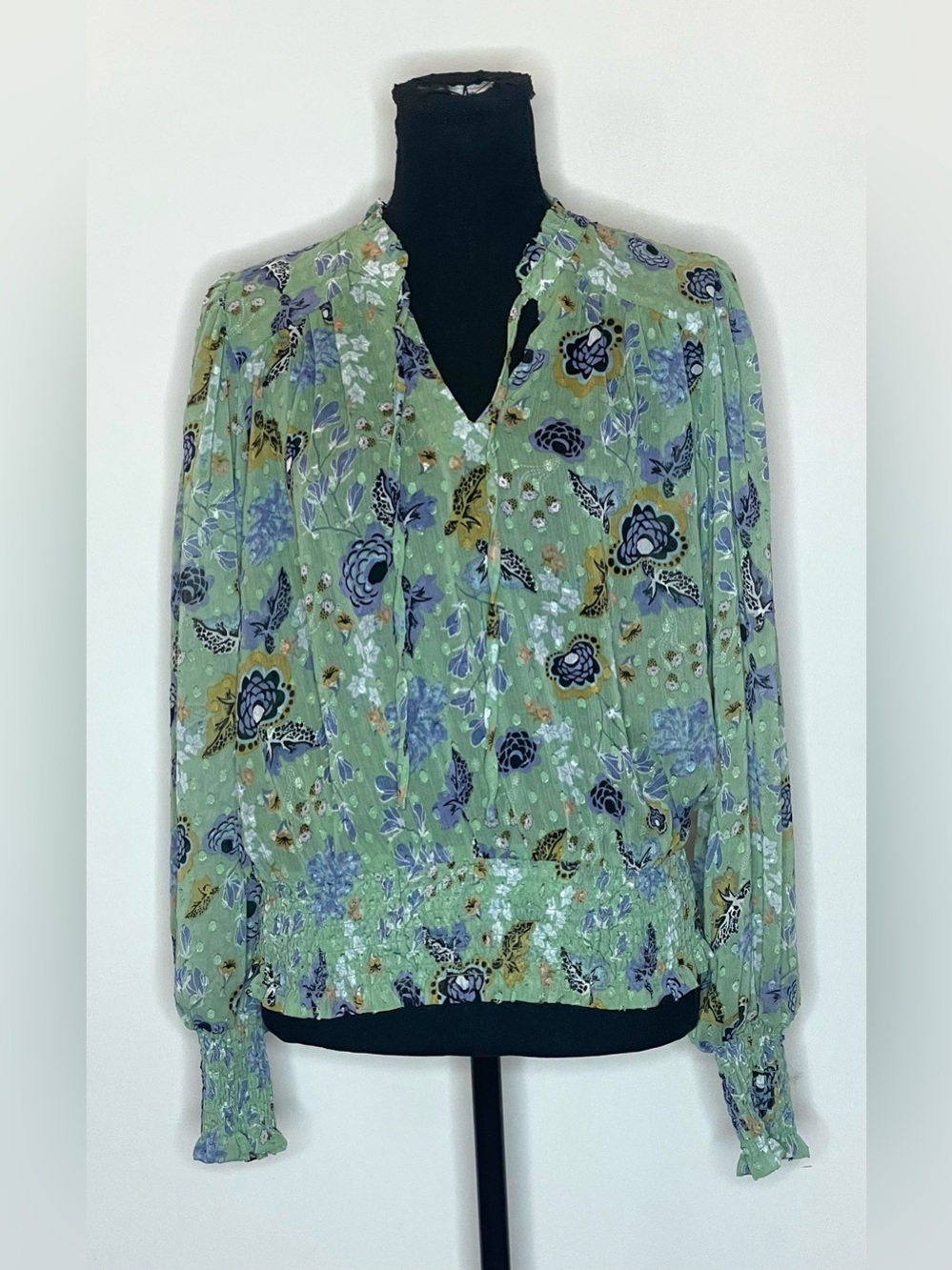 Rachel Zoe- Green Floral Smocked-Hem Crop Top Size M